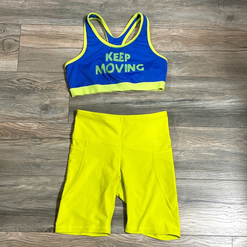 Danskin Blue Sports Bra with Neon Yellow Trim and Shorts